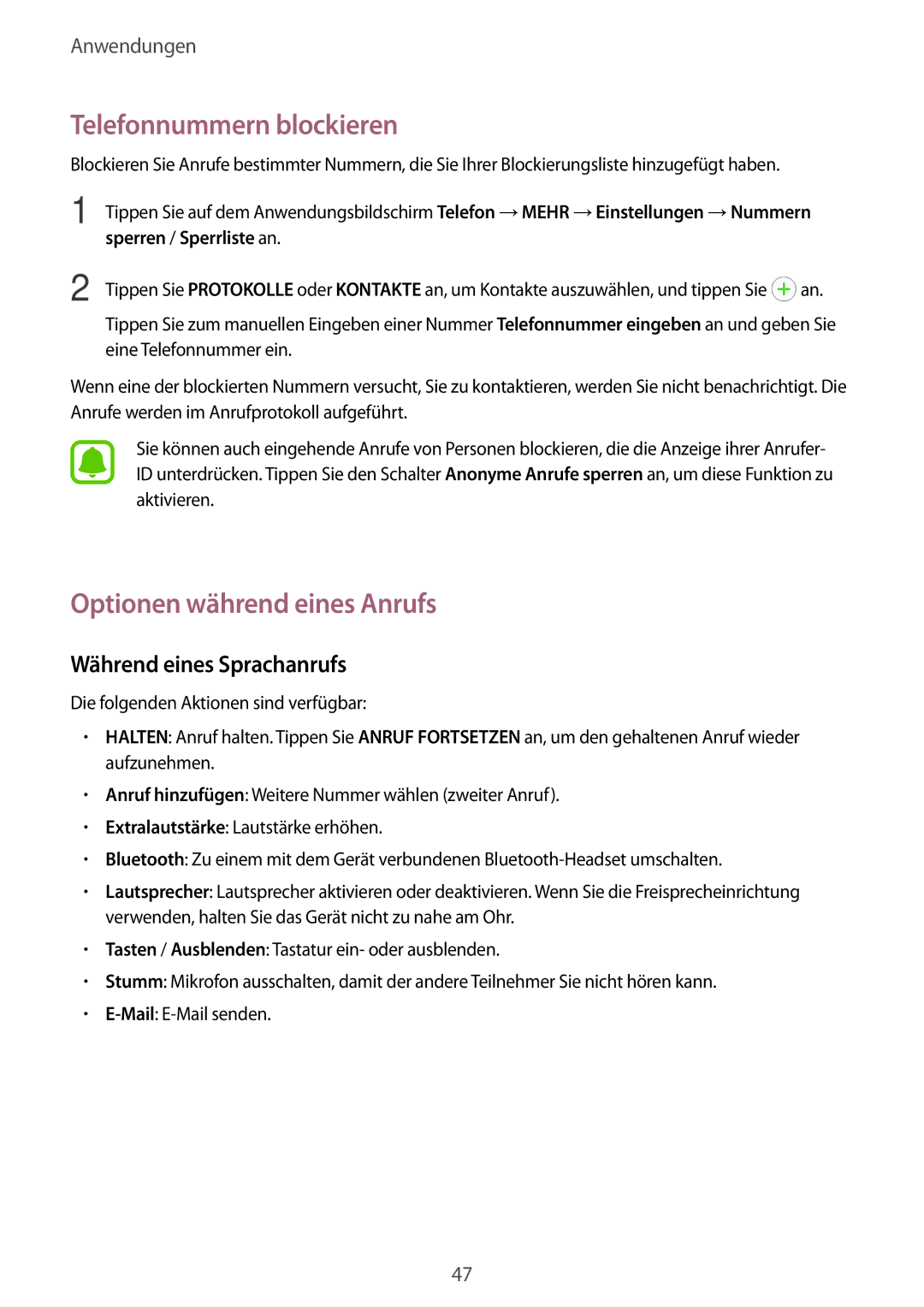 Samsung SM-J500FZWASEB manual Telefonnummern blockieren, Optionen während eines Anrufs, Während eines Sprachanrufs 