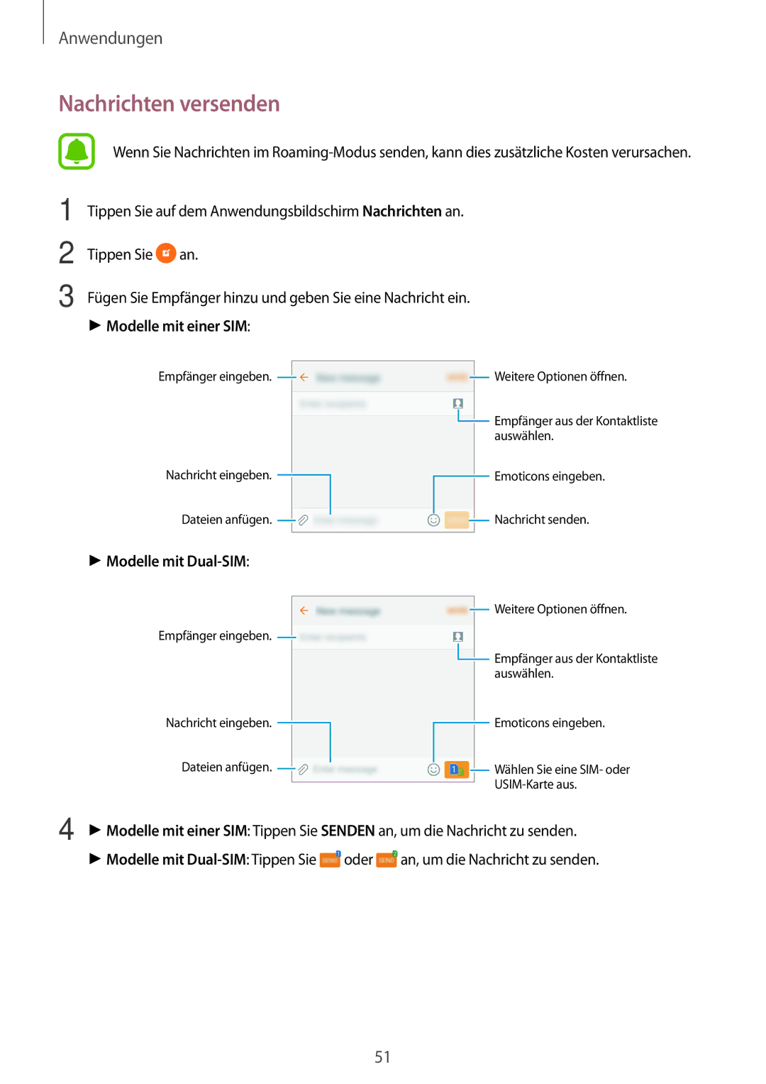 Samsung SM-J500FZKDXEO, SM-J500FZWASEB, SM-J500FZWAEUR, SM-J500FZWADBT manual Nachrichten versenden, Modelle mit einer SIM 