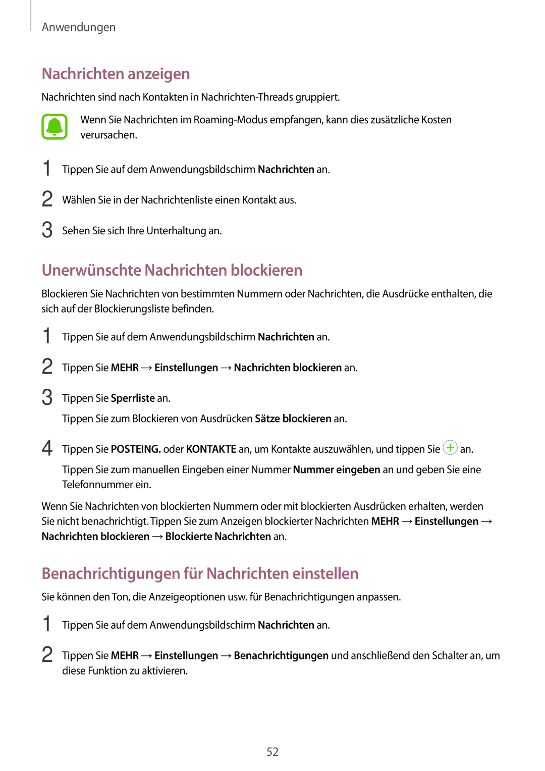 Samsung SM-J500FZKDEUR, SM-J500FZWASEB, SM-J500FZWAEUR manual Nachrichten anzeigen, Unerwünschte Nachrichten blockieren 