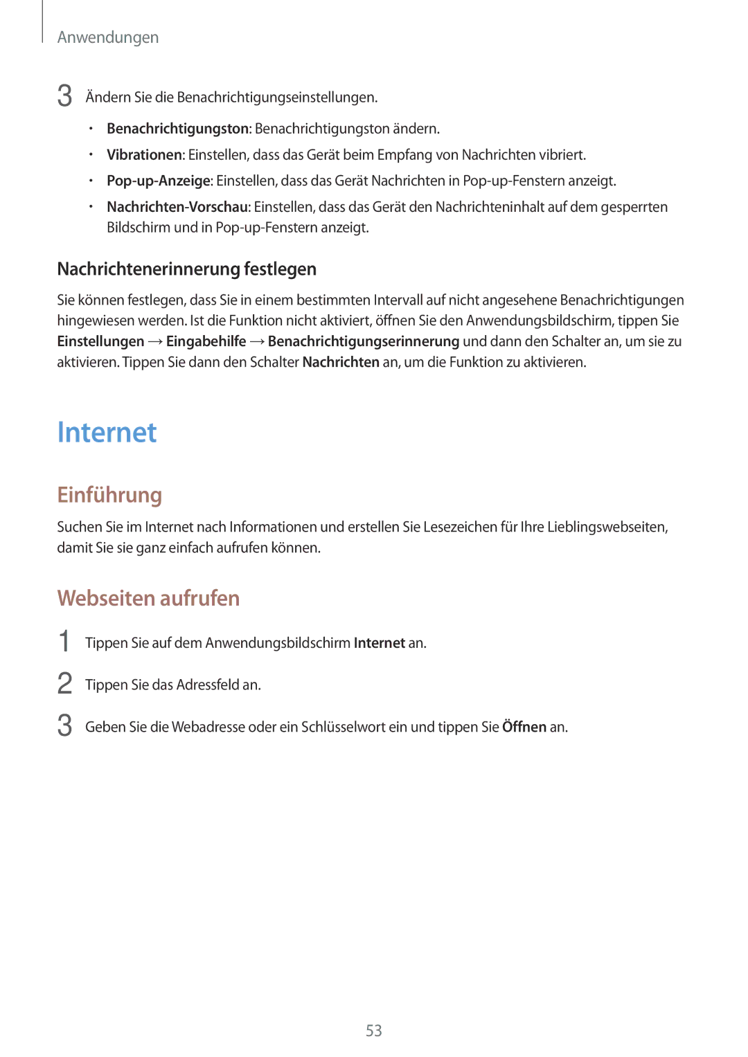 Samsung SM-J500FZKATTR, SM-J500FZWASEB, SM-J500FZWAEUR manual Internet, Webseiten aufrufen, Nachrichtenerinnerung festlegen 