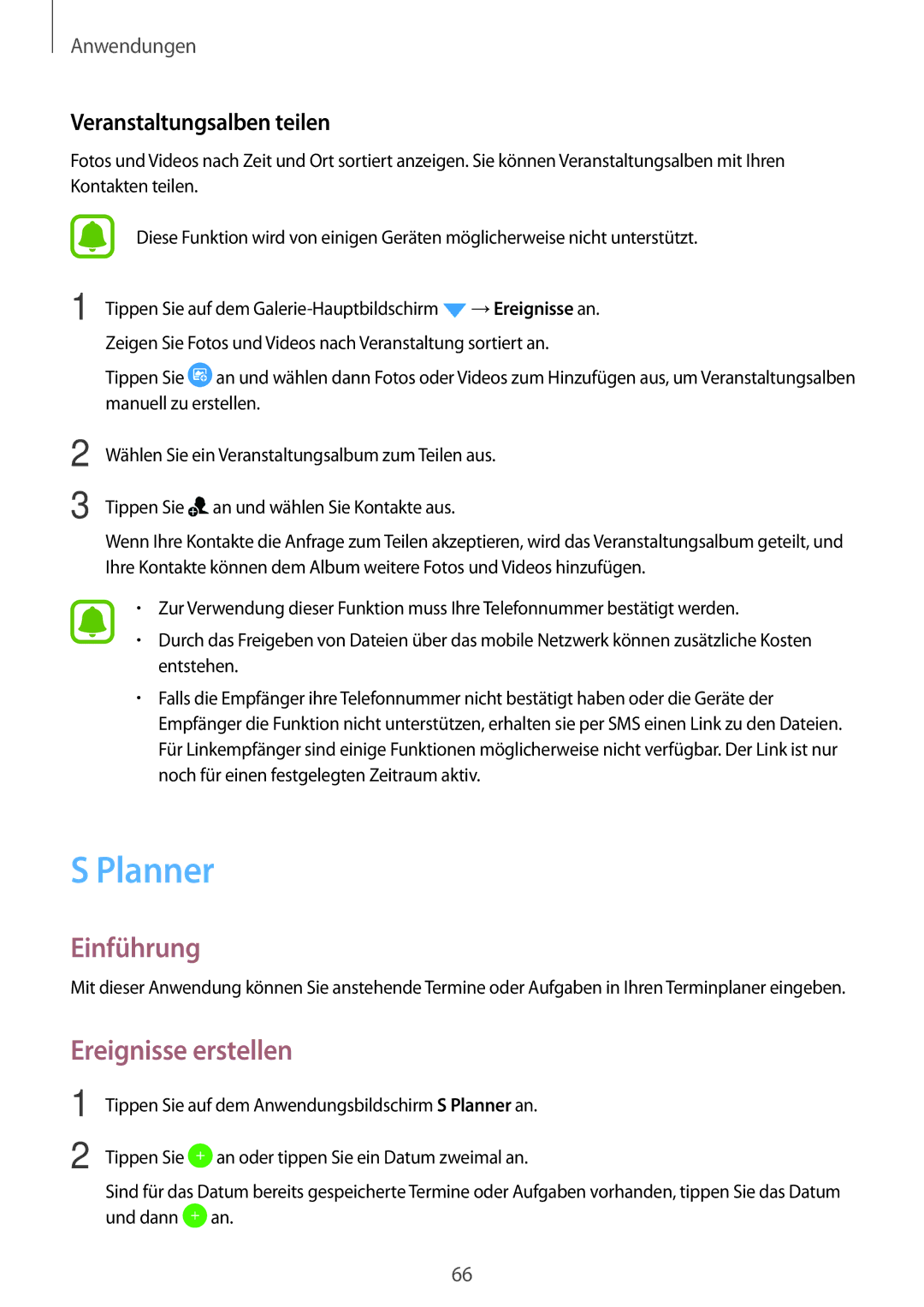 Samsung SM-J500FZDASEB, SM-J500FZWASEB, SM-J500FZWAEUR manual Planner, Ereignisse erstellen, Veranstaltungsalben teilen 