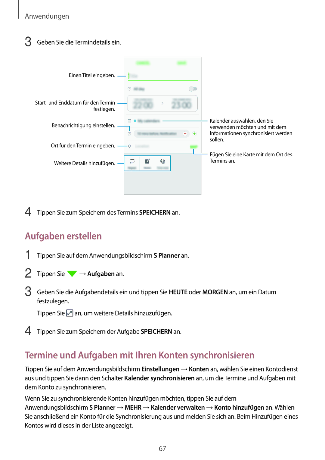 Samsung SM-J500FZDAMEO, SM-J500FZWASEB manual Aufgaben erstellen, Termine und Aufgaben mit Ihren Konten synchronisieren 