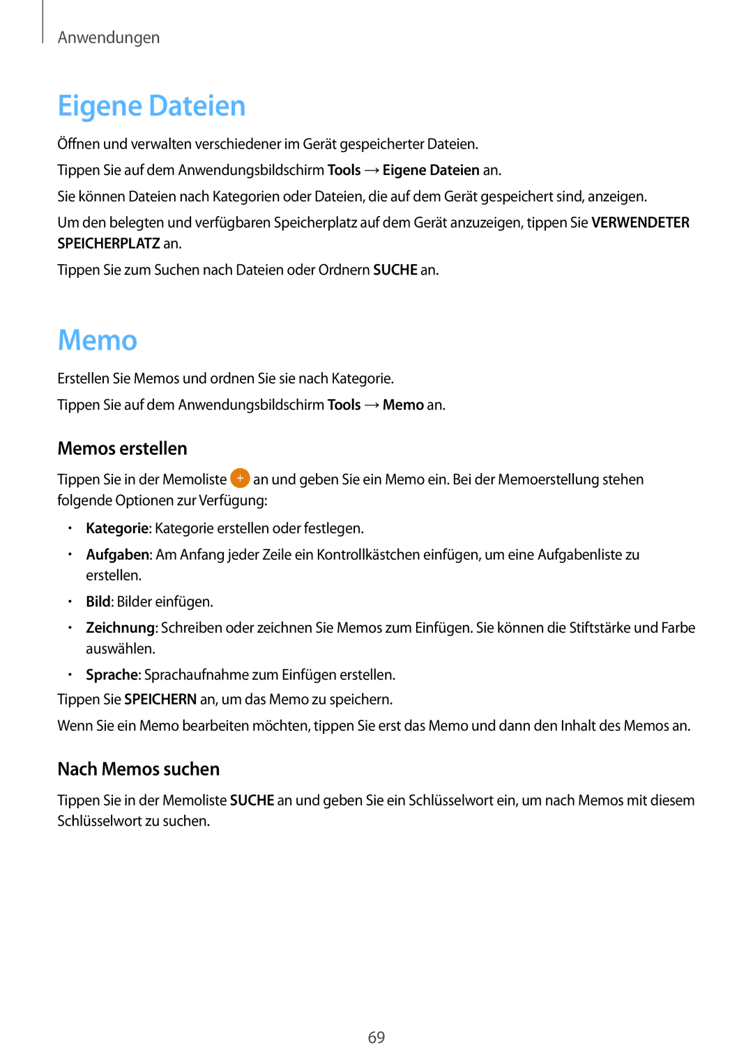 Samsung SM-J500FZKDTPH, SM-J500FZWASEB, SM-J500FZWAEUR manual Eigene Dateien, Memos erstellen, Nach Memos suchen 
