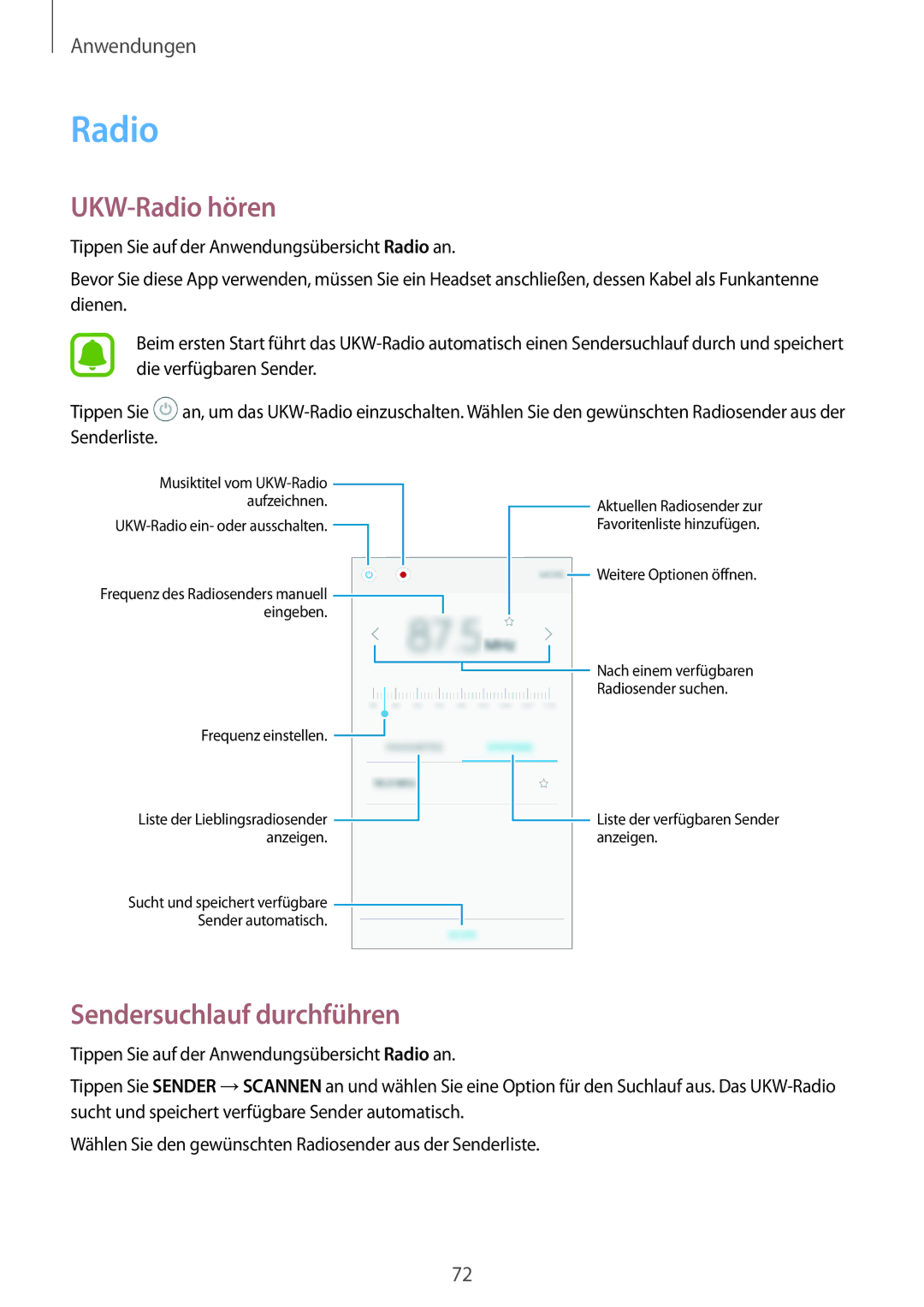 Samsung SM-J500FZKATPH, SM-J500FZWASEB, SM-J500FZWAEUR, SM-J500FZWADBT manual UKW-Radio hören, Sendersuchlauf durchführen 