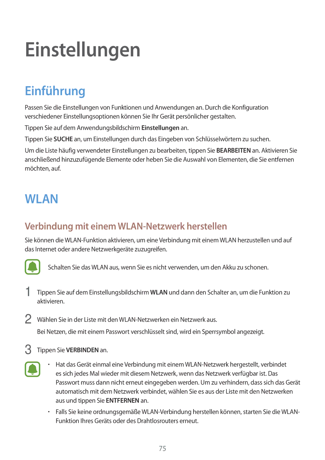 Samsung SM2J500FZDADDE, SM-J500FZWASEB, SM-J500FZWAEUR manual Einführung, Verbindung mit einem WLAN-Netzwerk herstellen 