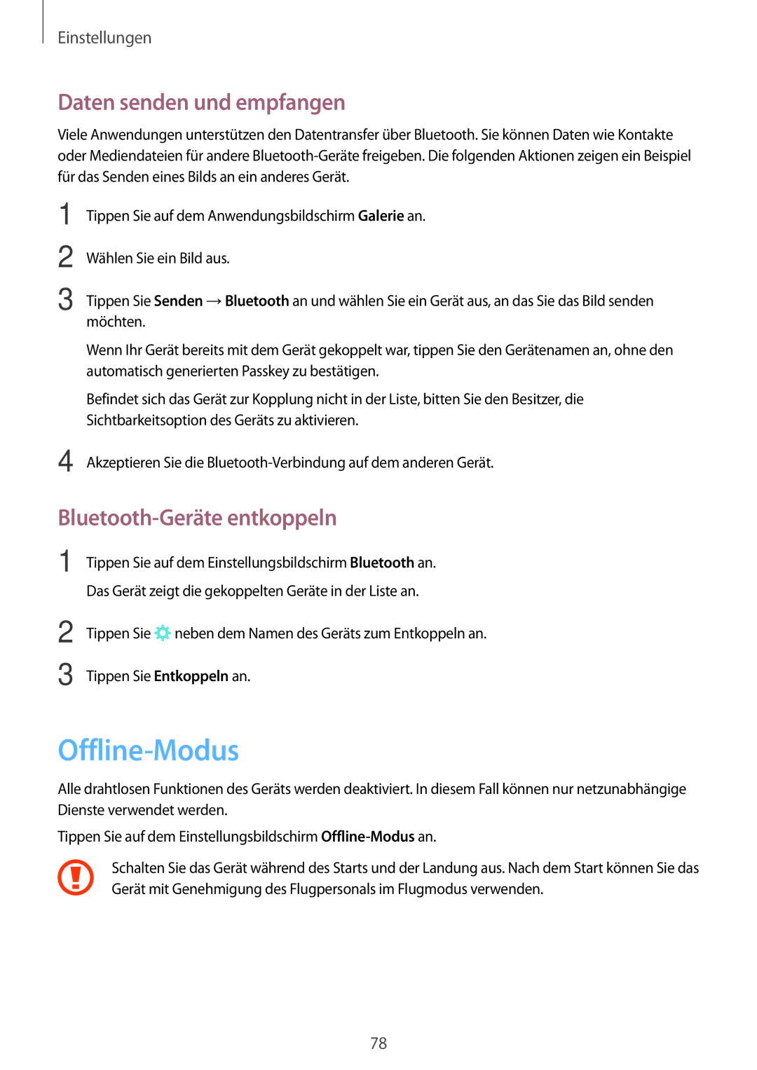 Samsung SM-J500FZKAPRT, SM-J500FZWASEB manual Offline-Modus, Daten senden und empfangen, Bluetooth-Geräte entkoppeln 