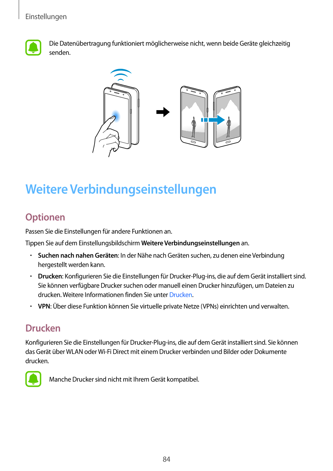 Samsung SM-J500FZWDEUR, SM-J500FZWASEB, SM-J500FZWAEUR, SM-J500FZWADBT Weitere Verbindungseinstellungen, Optionen, Drucken 