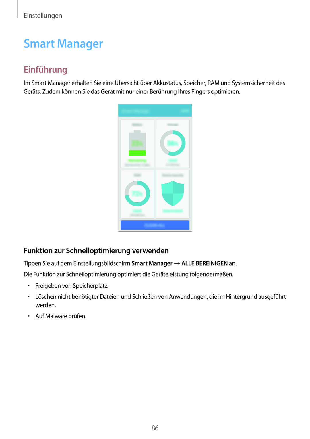 Samsung SM-J500FZWAVGR, SM-J500FZWASEB, SM-J500FZWAEUR manual Smart Manager, Funktion zur Schnelloptimierung verwenden 