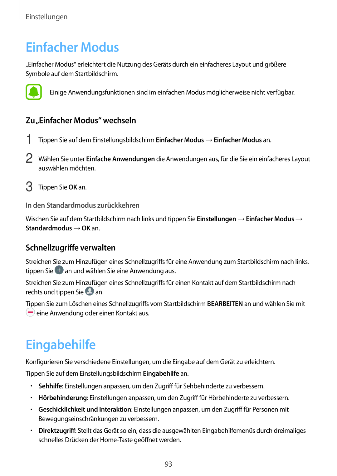 Samsung SM-J500FZWAXEF, SM-J500FZWASEB manual Eingabehilfe, Zu„Einfacher Modus wechseln, Schnellzugriffe verwalten 