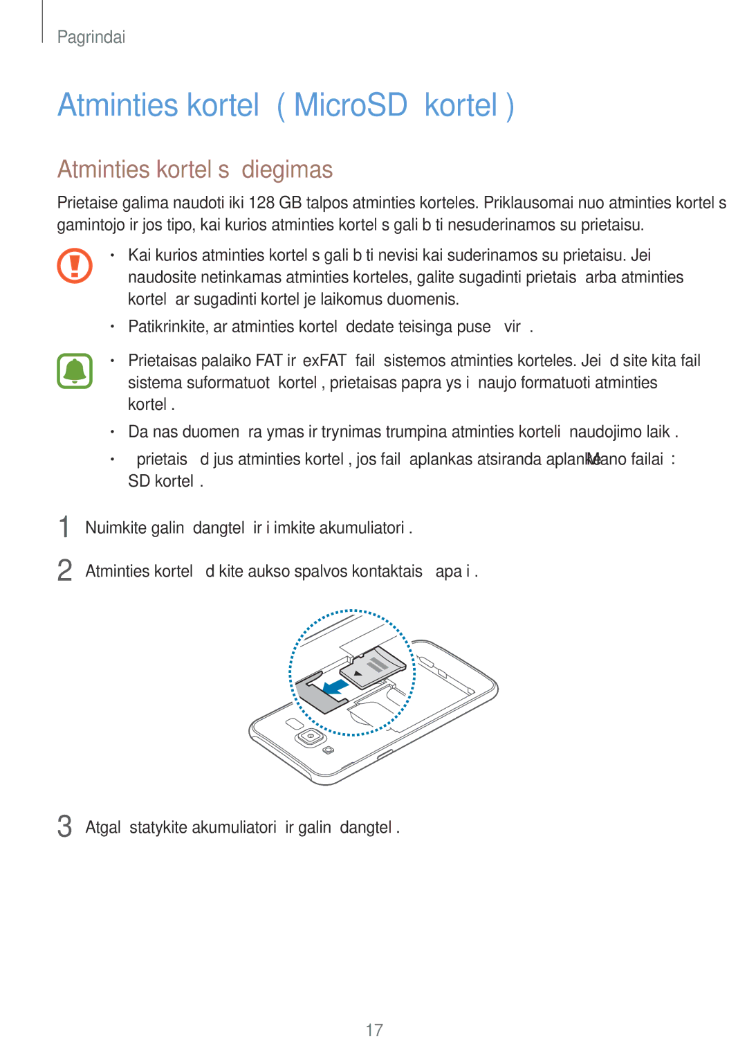 Samsung SM-J500FZWASEB manual Atminties kortelė „MicroSD kortelė, Atminties kortelės įdiegimas 