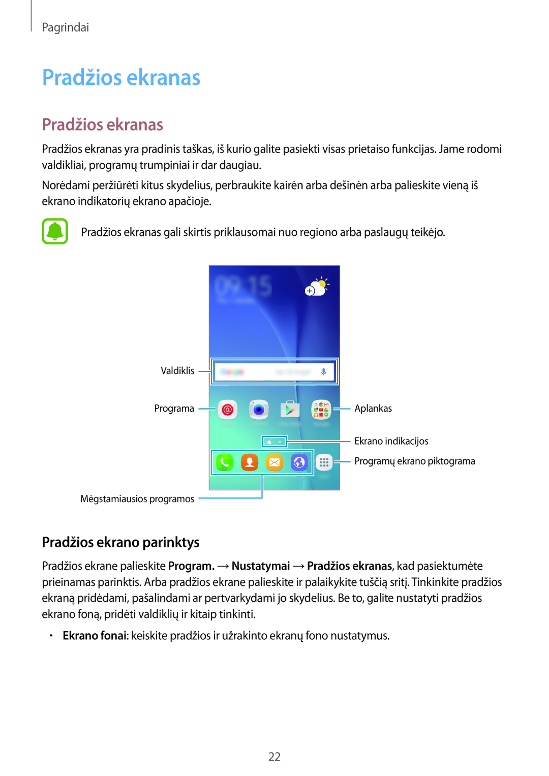 Samsung SM-J500FZWASEB manual Pradžios ekranas, Pradžios ekrano parinktys 