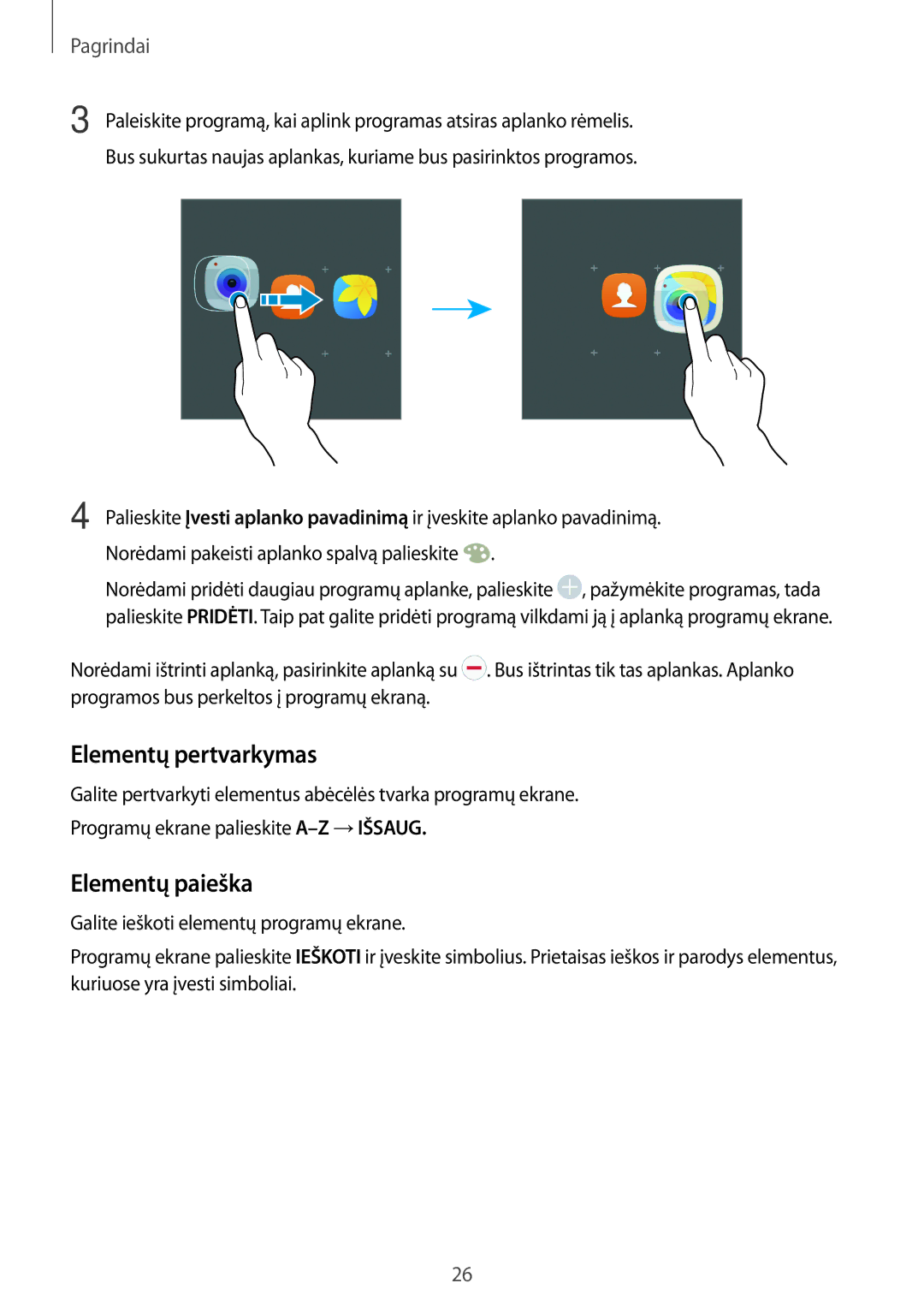 Samsung SM-J500FZWASEB manual Elementų pertvarkymas, Elementų paieška 