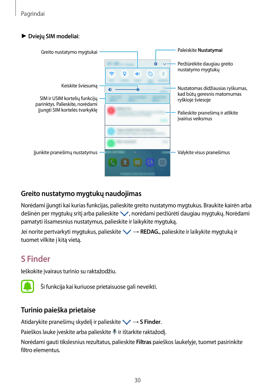 Samsung SM-J500FZWASEB manual Finder, Greito nustatymo mygtukų naudojimas, Turinio paieška prietaise 