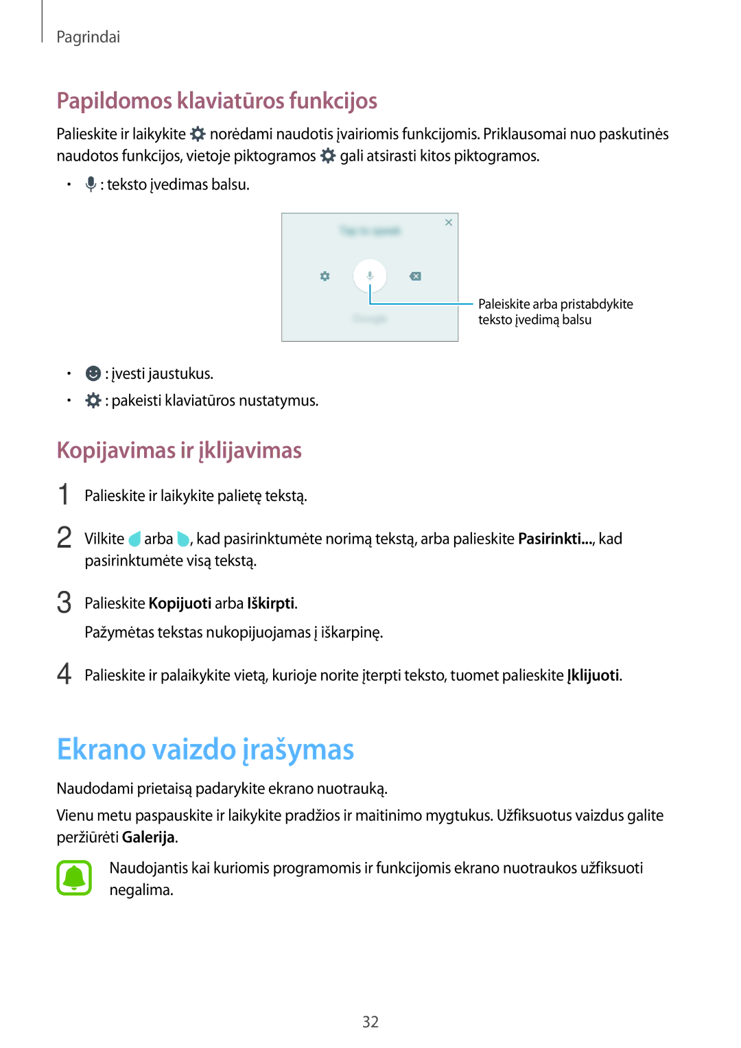 Samsung SM-J500FZWASEB manual Ekrano vaizdo įrašymas, Papildomos klaviatūros funkcijos, Kopijavimas ir įklijavimas 