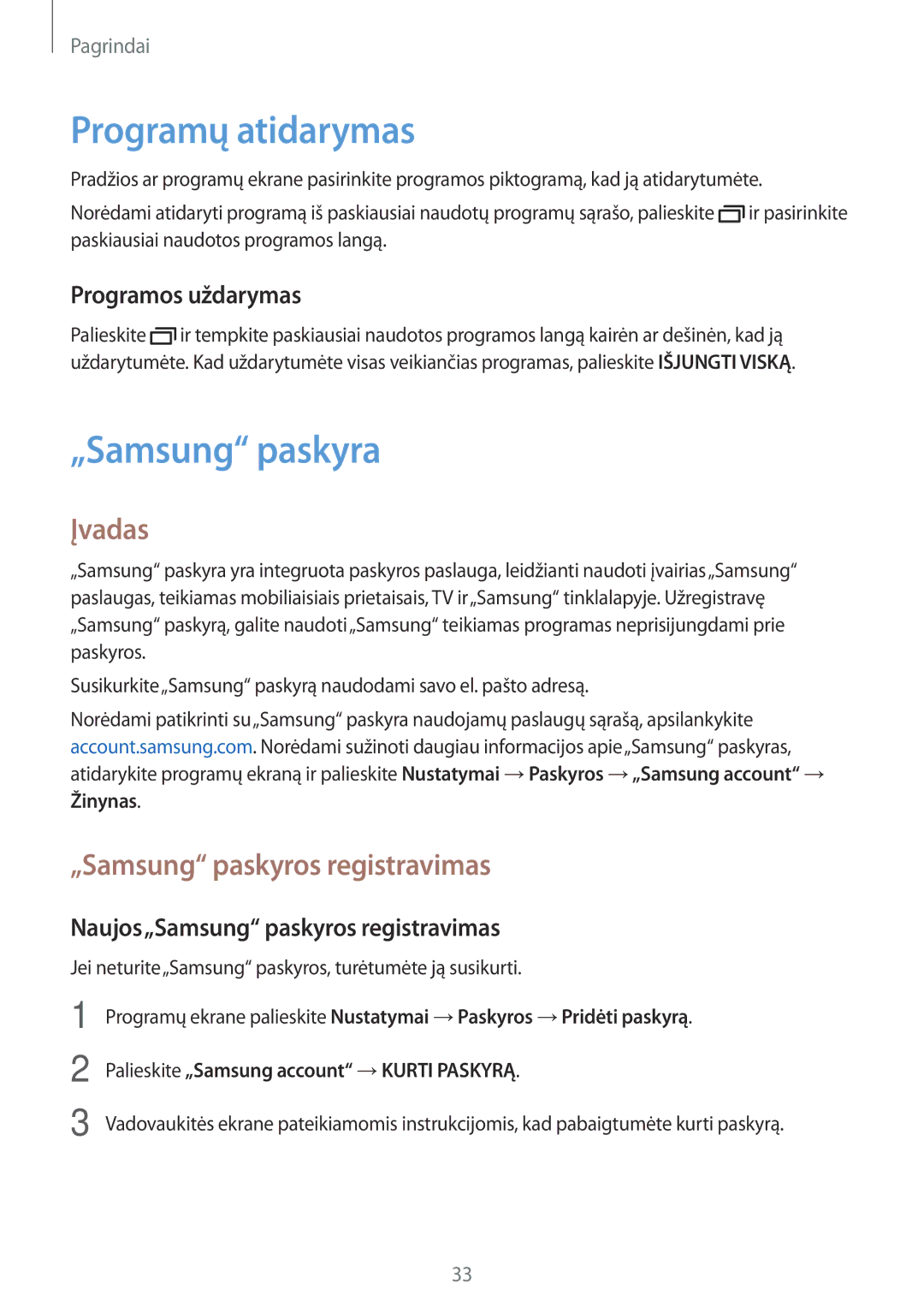 Samsung SM-J500FZWASEB manual Programų atidarymas, „Samsung paskyra, Įvadas, „Samsung paskyros registravimas 