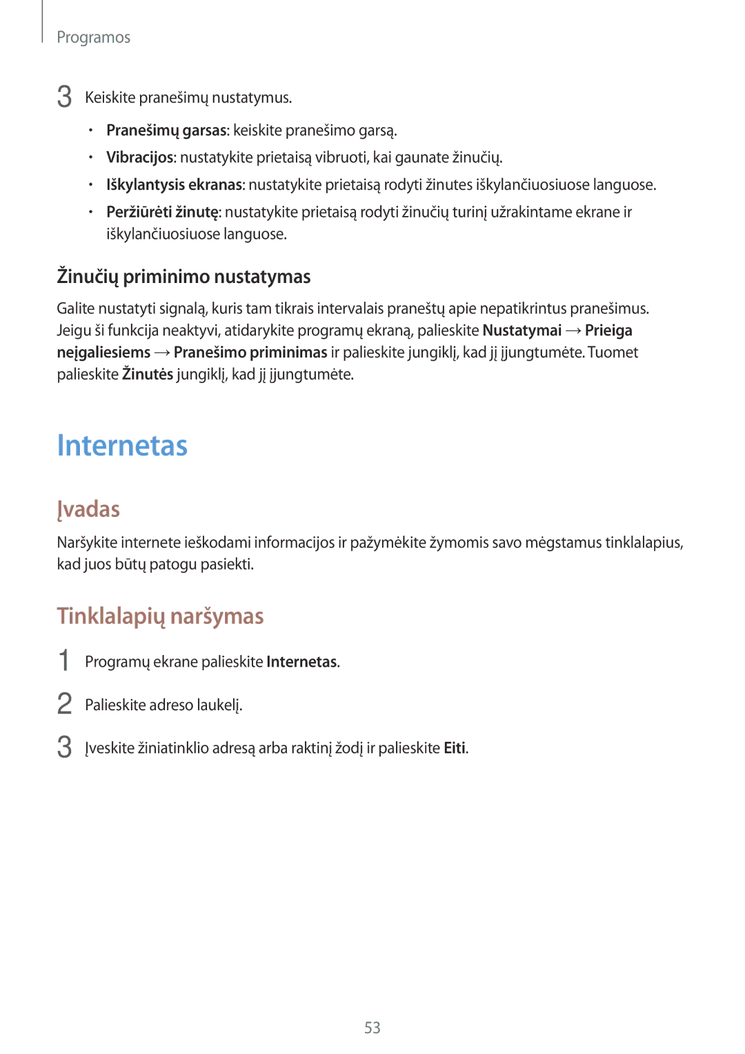 Samsung SM-J500FZWASEB manual Internetas, Tinklalapių naršymas, Žinučių priminimo nustatymas 