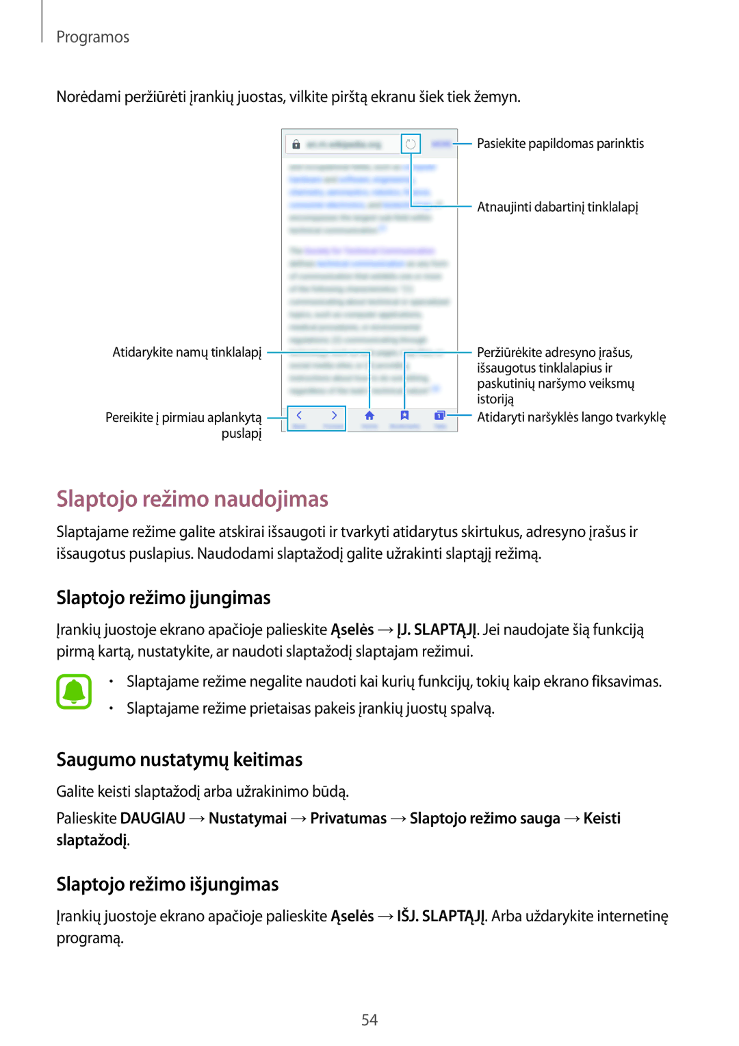 Samsung SM-J500FZWASEB manual Slaptojo režimo naudojimas, Slaptojo režimo įjungimas, Saugumo nustatymų keitimas 