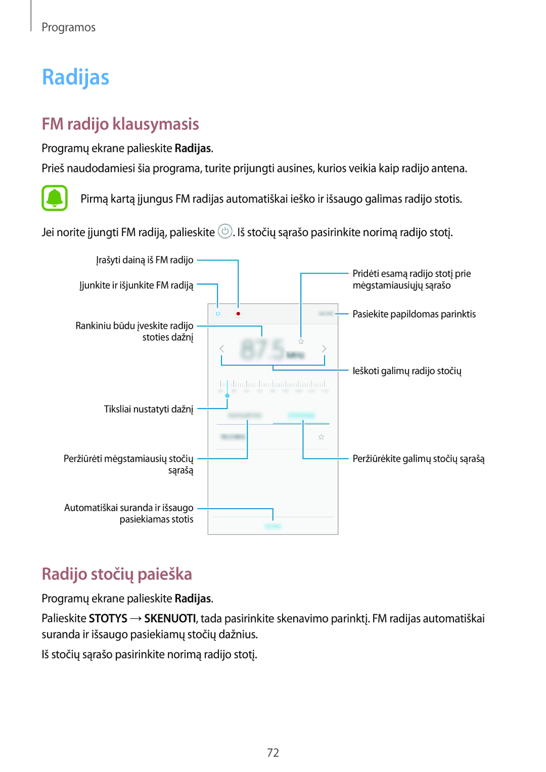 Samsung SM-J500FZWASEB manual Radijas, FM radijo klausymasis, Radijo stočių paieška 