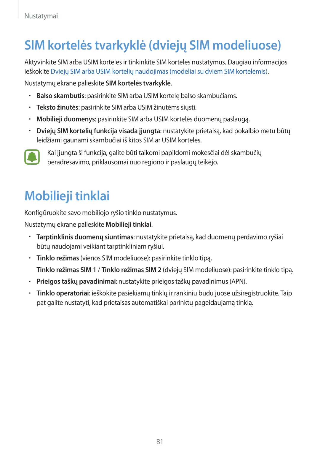 Samsung SM-J500FZWASEB manual Mobilieji tinklai, SIM kortelės tvarkyklė dviejų SIM modeliuose 