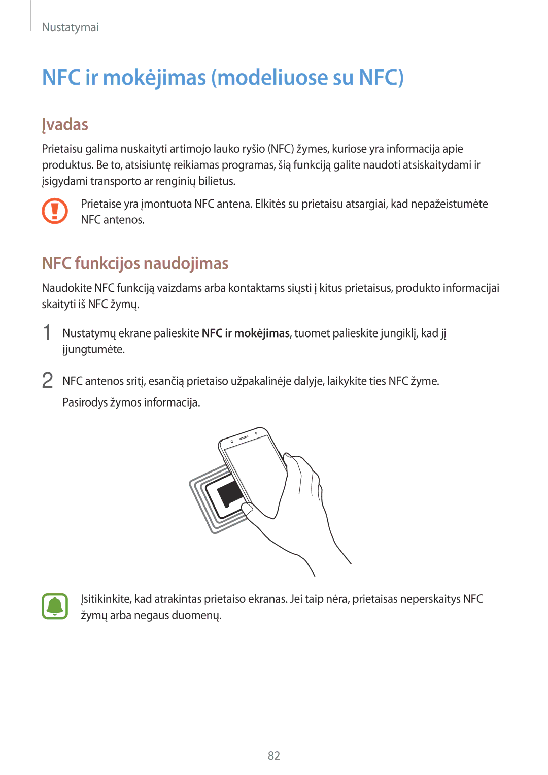 Samsung SM-J500FZWASEB manual NFC ir mokėjimas modeliuose su NFC, NFC funkcijos naudojimas 