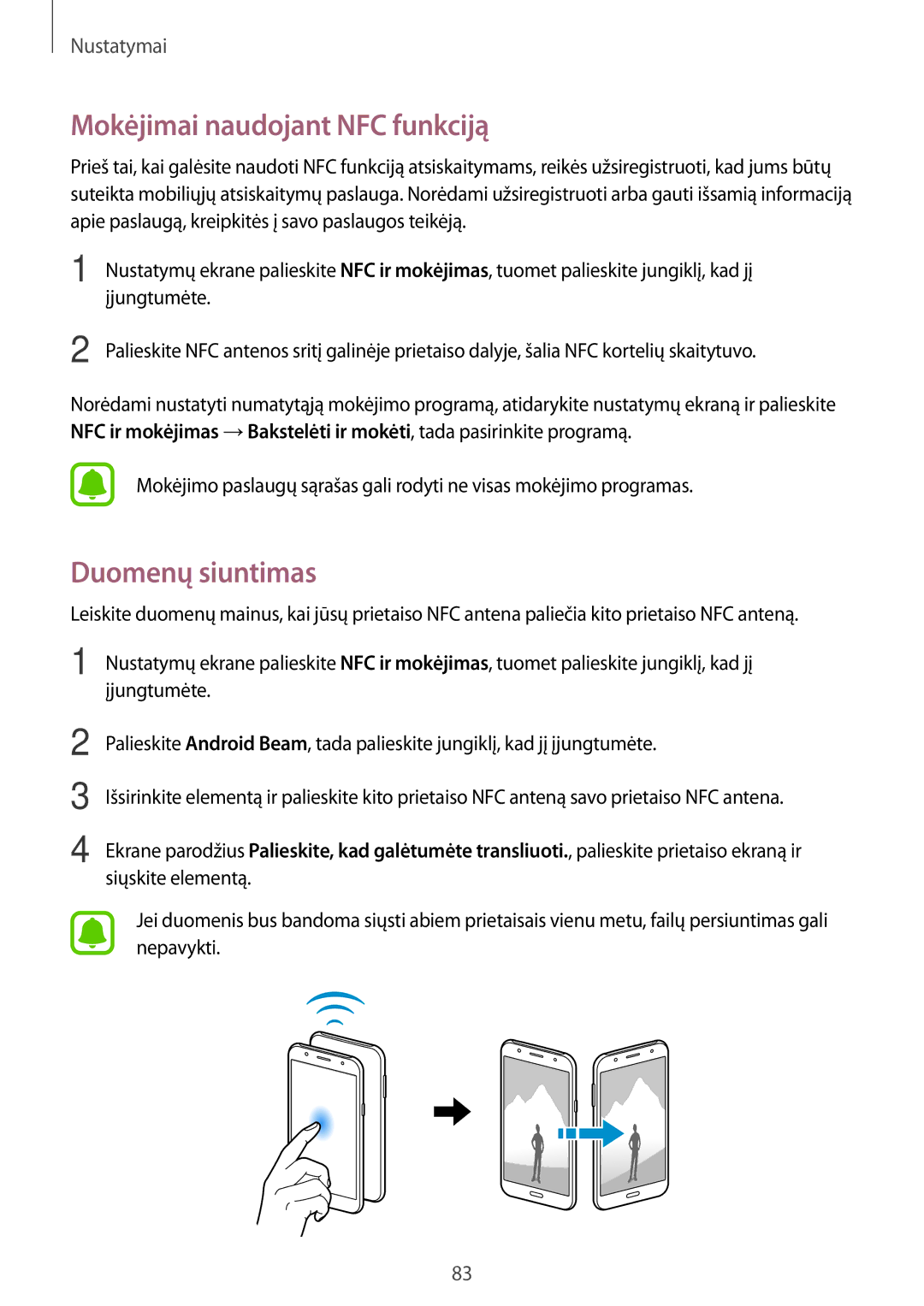 Samsung SM-J500FZWASEB manual Mokėjimai naudojant NFC funkciją, Duomenų siuntimas 