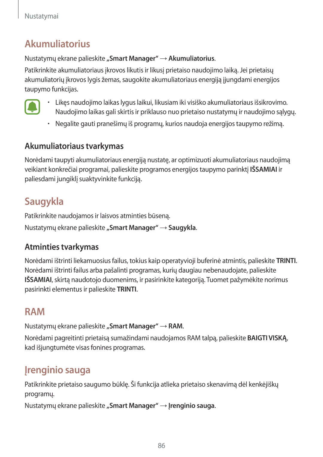 Samsung SM-J500FZWASEB manual Akumuliatorius, Saugykla, Įrenginio sauga, Akumuliatoriaus tvarkymas, Atminties tvarkymas 