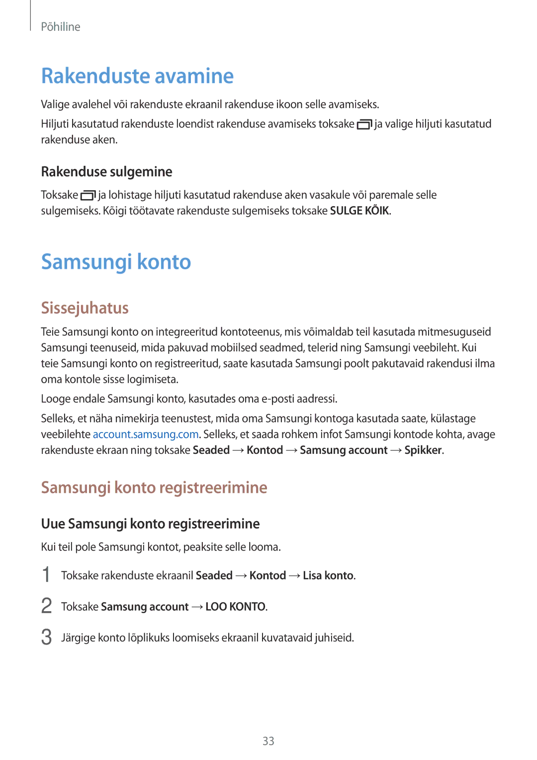 Samsung SM-J500FZWASEB manual Rakenduste avamine, Sissejuhatus, Samsungi konto registreerimine 