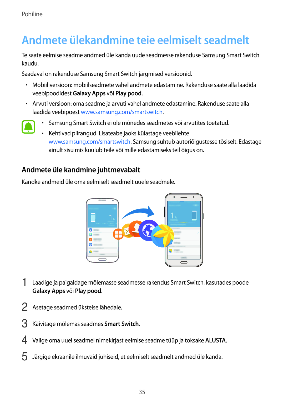 Samsung SM-J500FZWASEB manual Andmete ülekandmine teie eelmiselt seadmelt, Andmete üle kandmine juhtmevabalt 