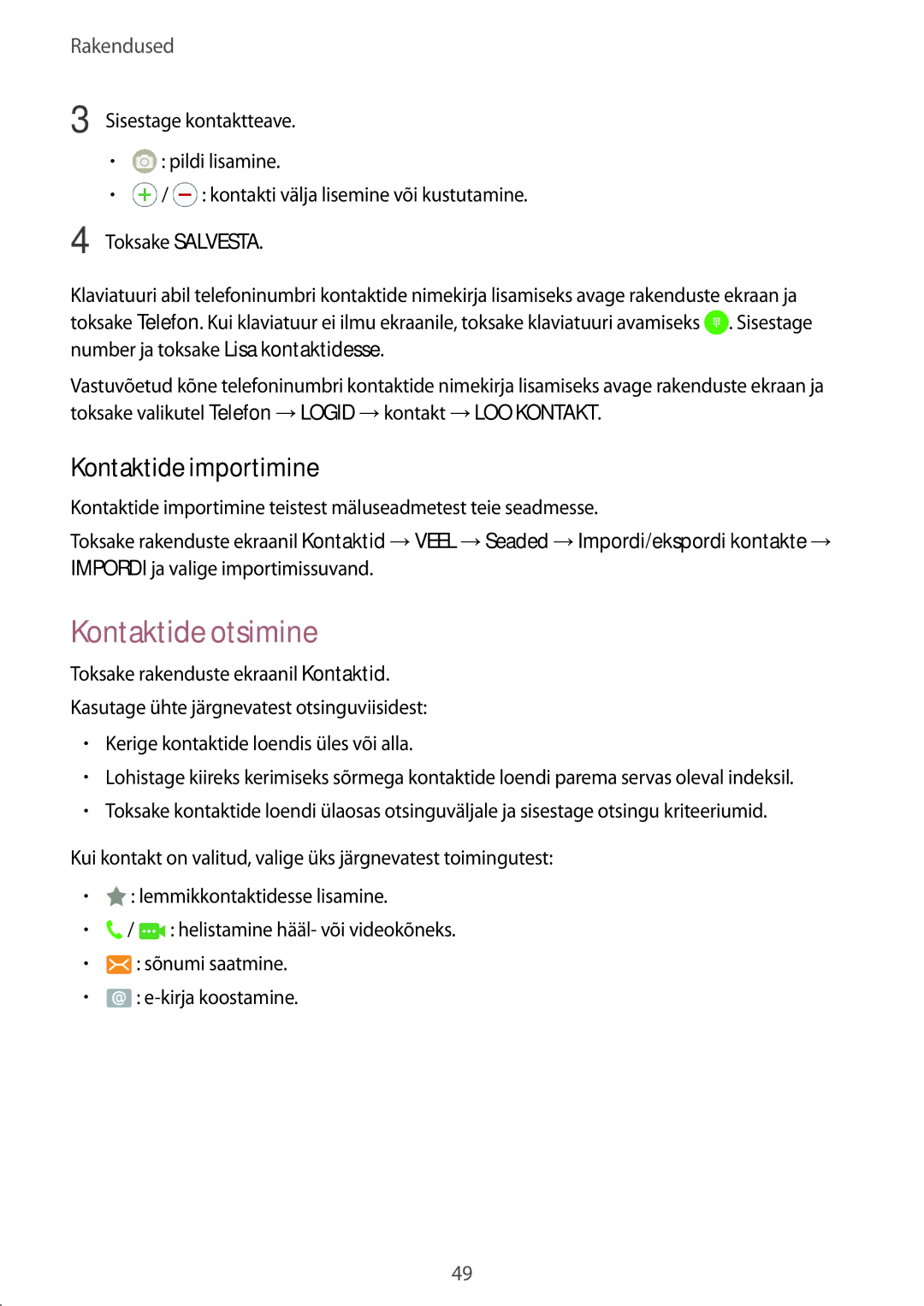 Samsung SM-J500FZWASEB manual Kontaktide otsimine, Kontaktide importimine 