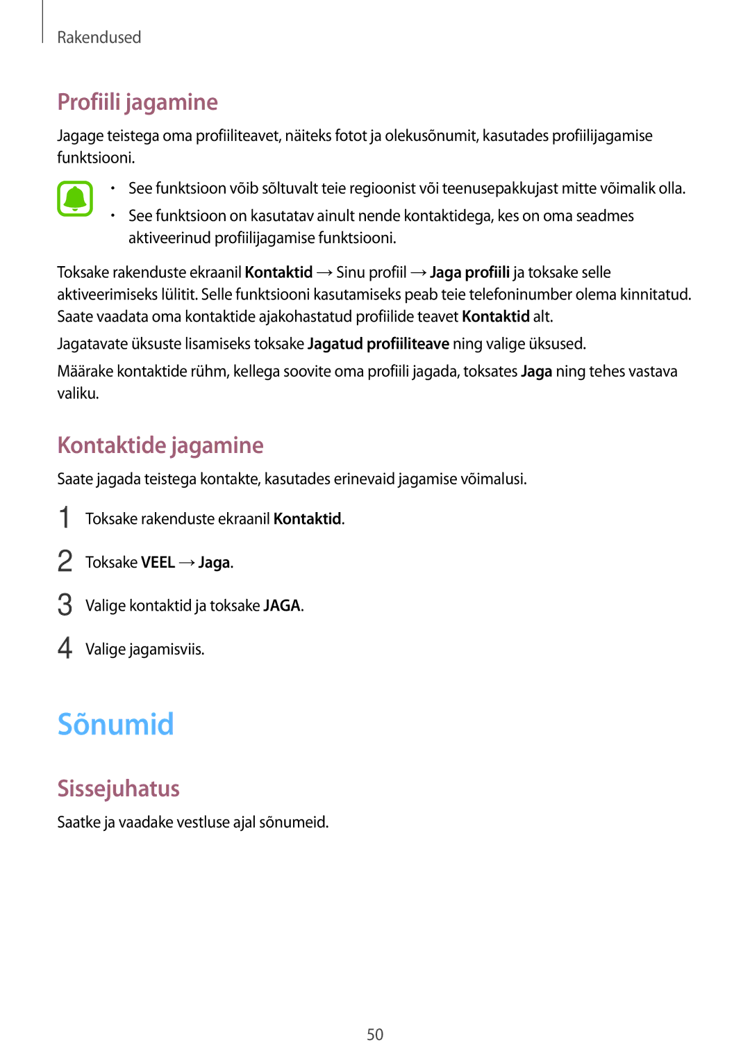 Samsung SM-J500FZWASEB manual Sõnumid, Profiili jagamine, Kontaktide jagamine 