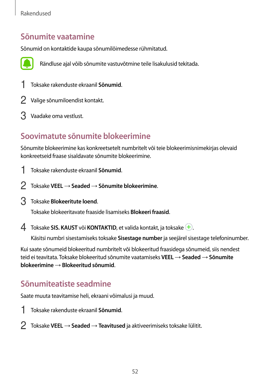 Samsung SM-J500FZWASEB manual Sõnumite vaatamine, Soovimatute sõnumite blokeerimine, Sõnumiteatiste seadmine 