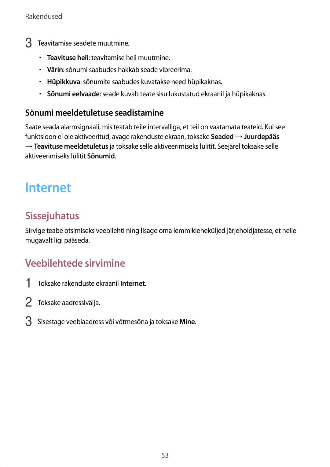 Samsung SM-J500FZWASEB manual Internet, Veebilehtede sirvimine, Sõnumi meeldetuletuse seadistamine 