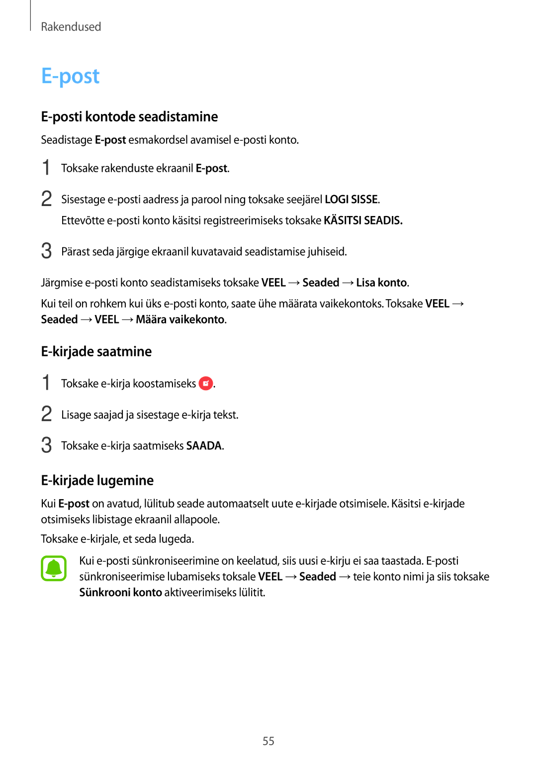 Samsung SM-J500FZWASEB manual Posti kontode seadistamine, Kirjade saatmine, Kirjade lugemine 