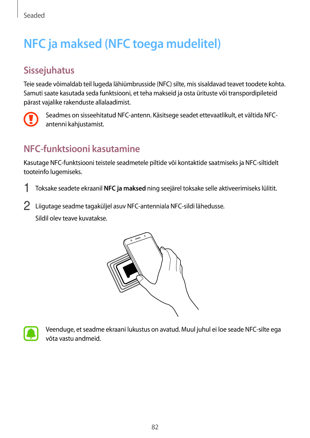 Samsung SM-J500FZWASEB manual NFC ja maksed NFC toega mudelitel, NFC-funktsiooni kasutamine 