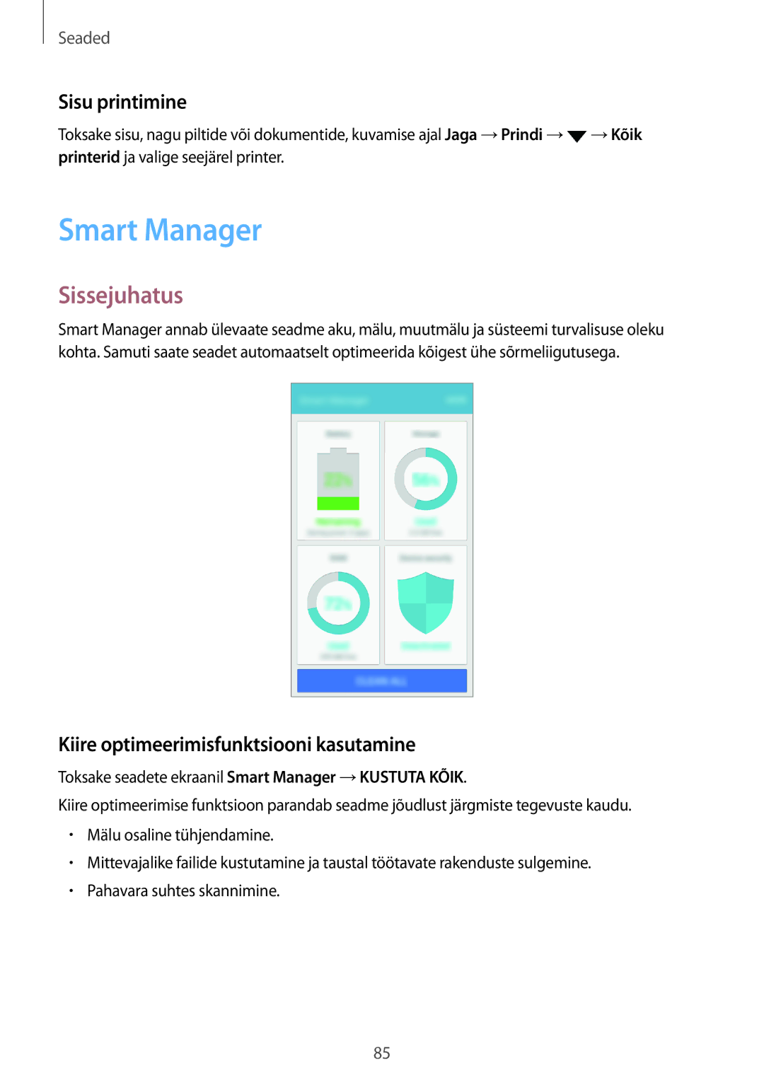 Samsung SM-J500FZWASEB manual Smart Manager, Sisu printimine, Kiire optimeerimisfunktsiooni kasutamine 