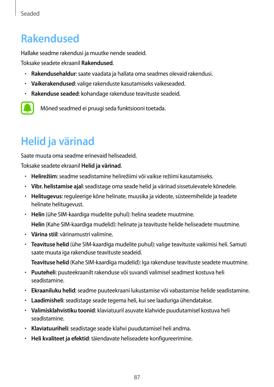 Samsung SM-J500FZWASEB manual Rakendused, Helid ja värinad 