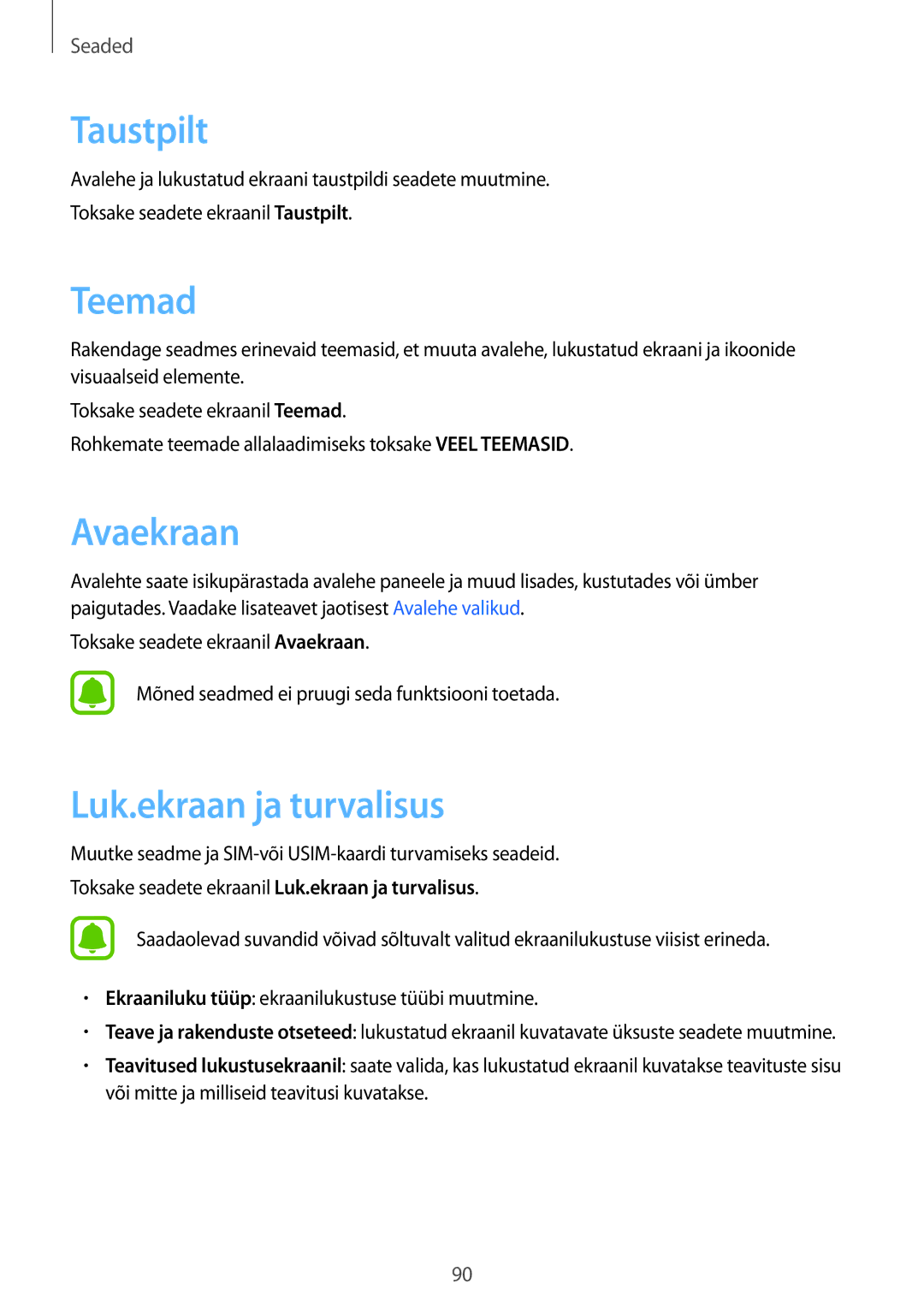 Samsung SM-J500FZWASEB manual Taustpilt, Teemad, Avaekraan, Luk.ekraan ja turvalisus 