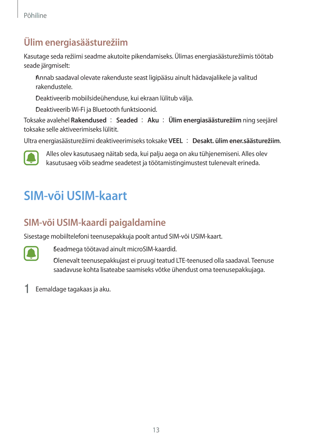 Samsung SM-J500FZWASEB manual SIM-või USIM-kaart, Ülim energiasäästurežiim, SIM-või USIM-kaardi paigaldamine 