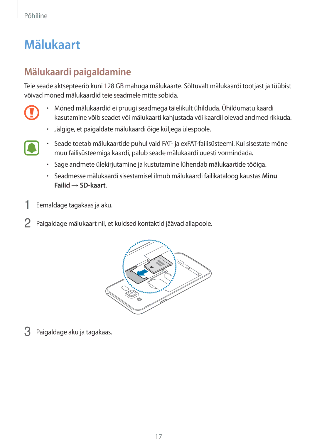 Samsung SM-J500FZWASEB manual Mälukaart, Mälukaardi paigaldamine 