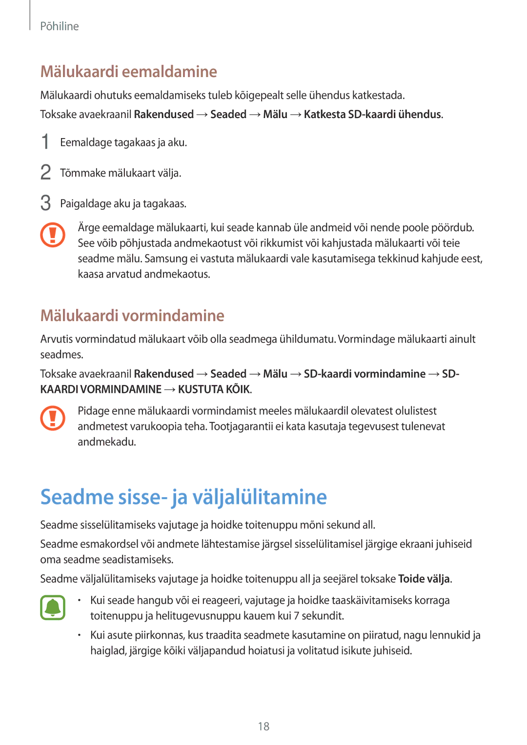 Samsung SM-J500FZWASEB manual Seadme sisse- ja väljalülitamine, Mälukaardi eemaldamine, Mälukaardi vormindamine 