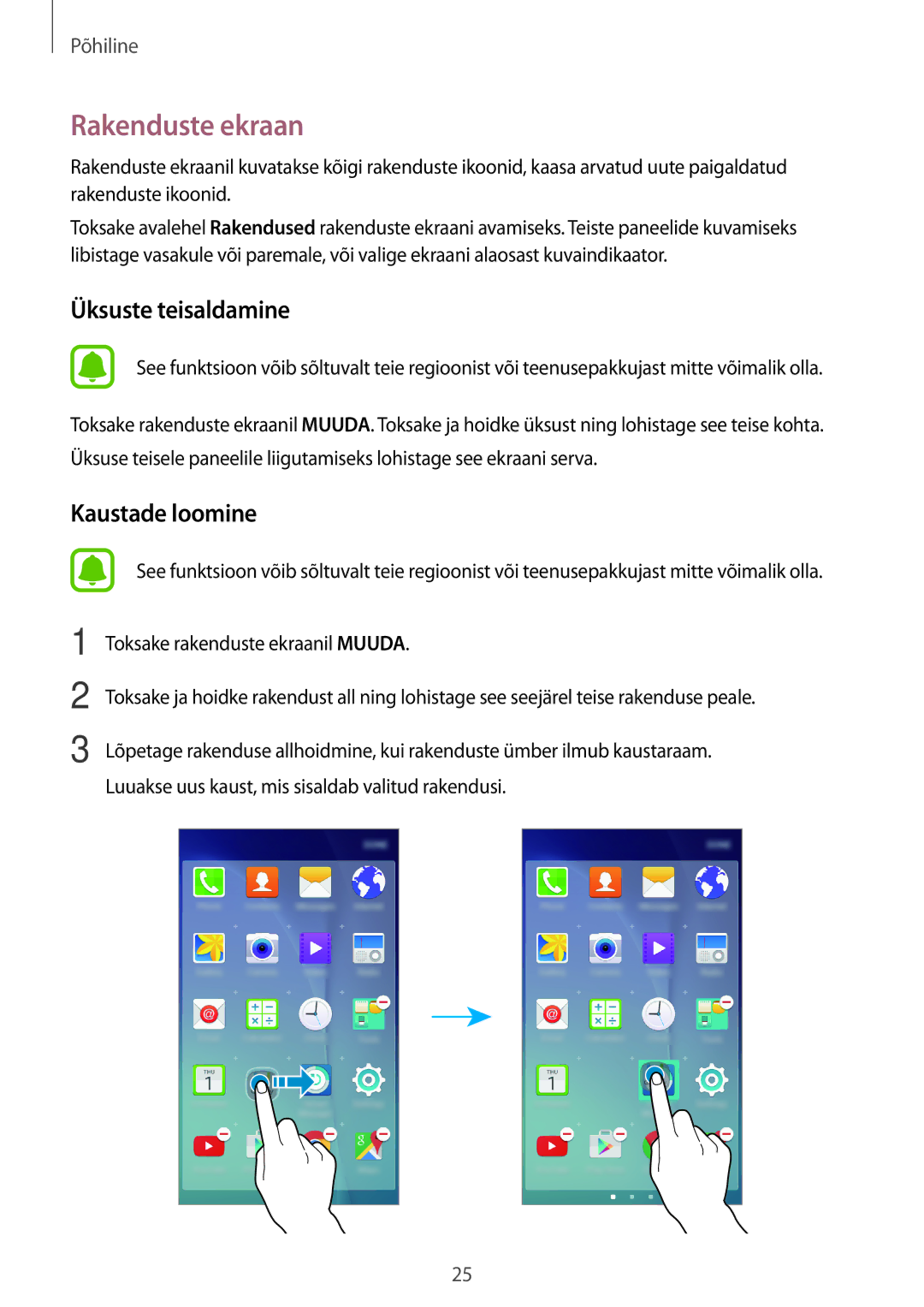 Samsung SM-J500FZWASEB manual Rakenduste ekraan, Üksuste teisaldamine 