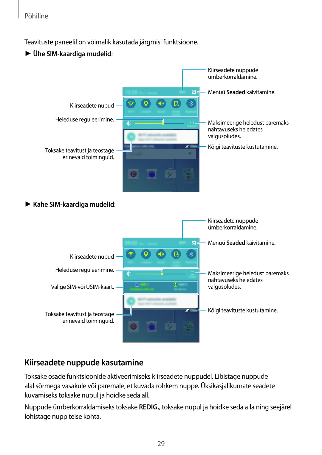 Samsung SM-J500FZWASEB manual Kiirseadete nuppude kasutamine, Ühe SIM-kaardiga mudelid 