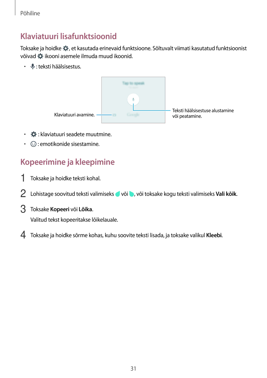 Samsung SM-J500FZWASEB manual Klaviatuuri lisafunktsioonid, Kopeerimine ja kleepimine 