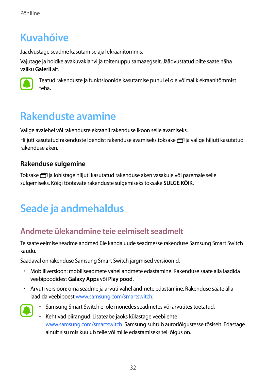 Samsung SM-J500FZWASEB Kuvahõive, Rakenduste avamine, Seade ja andmehaldus, Andmete ülekandmine teie eelmiselt seadmelt 