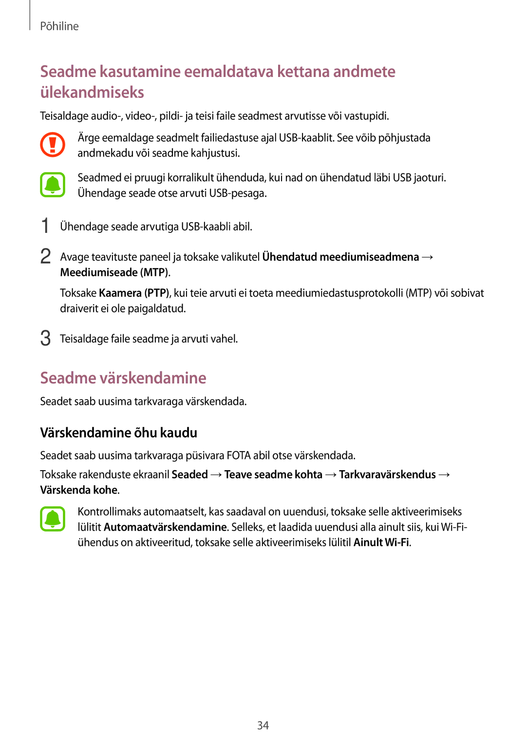 Samsung SM-J500FZWASEB manual Seadme kasutamine eemaldatava kettana andmete ülekandmiseks, Seadme värskendamine 