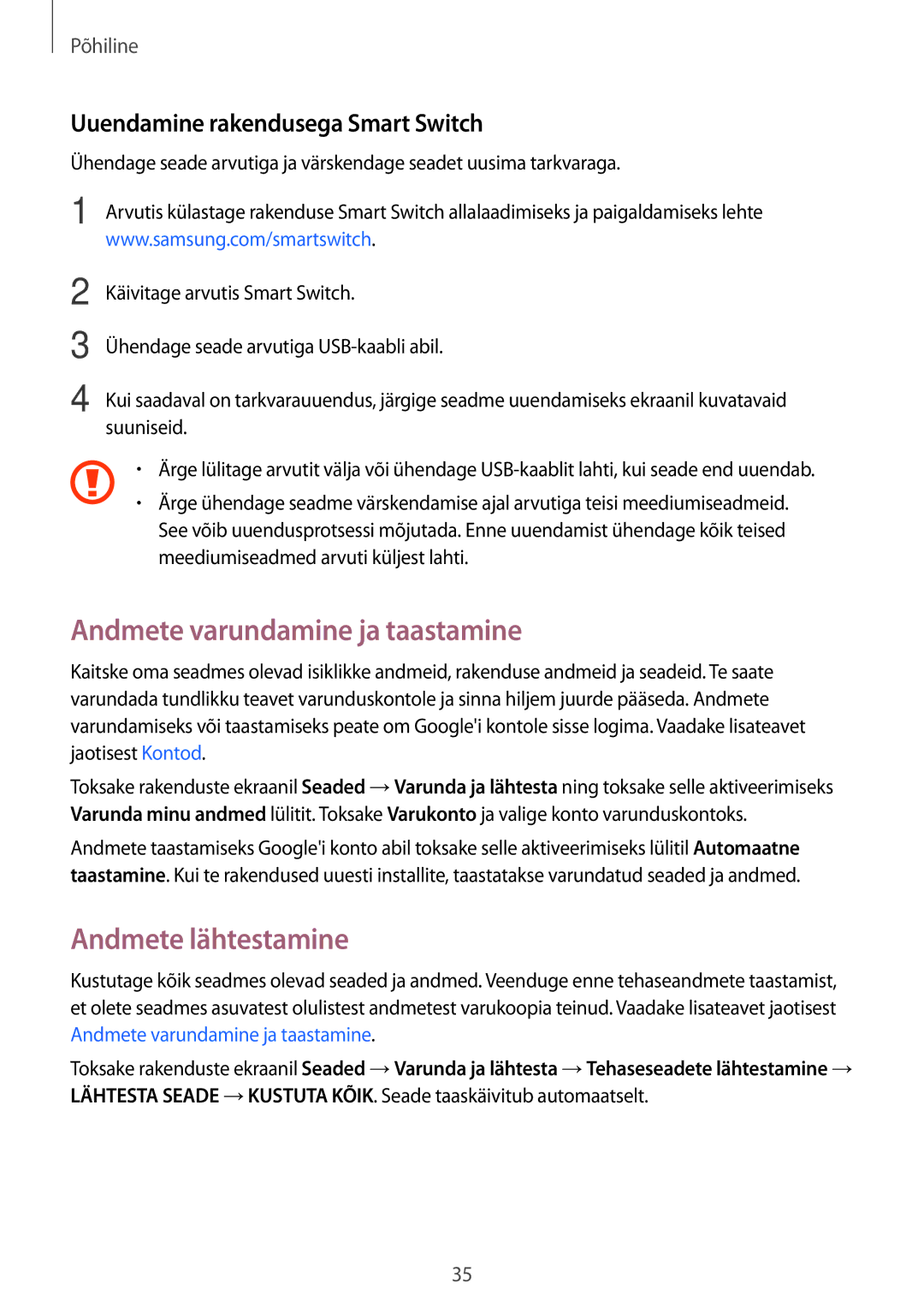 Samsung SM-J500FZWASEB manual Andmete varundamine ja taastamine, Andmete lähtestamine, Uuendamine rakendusega Smart Switch 