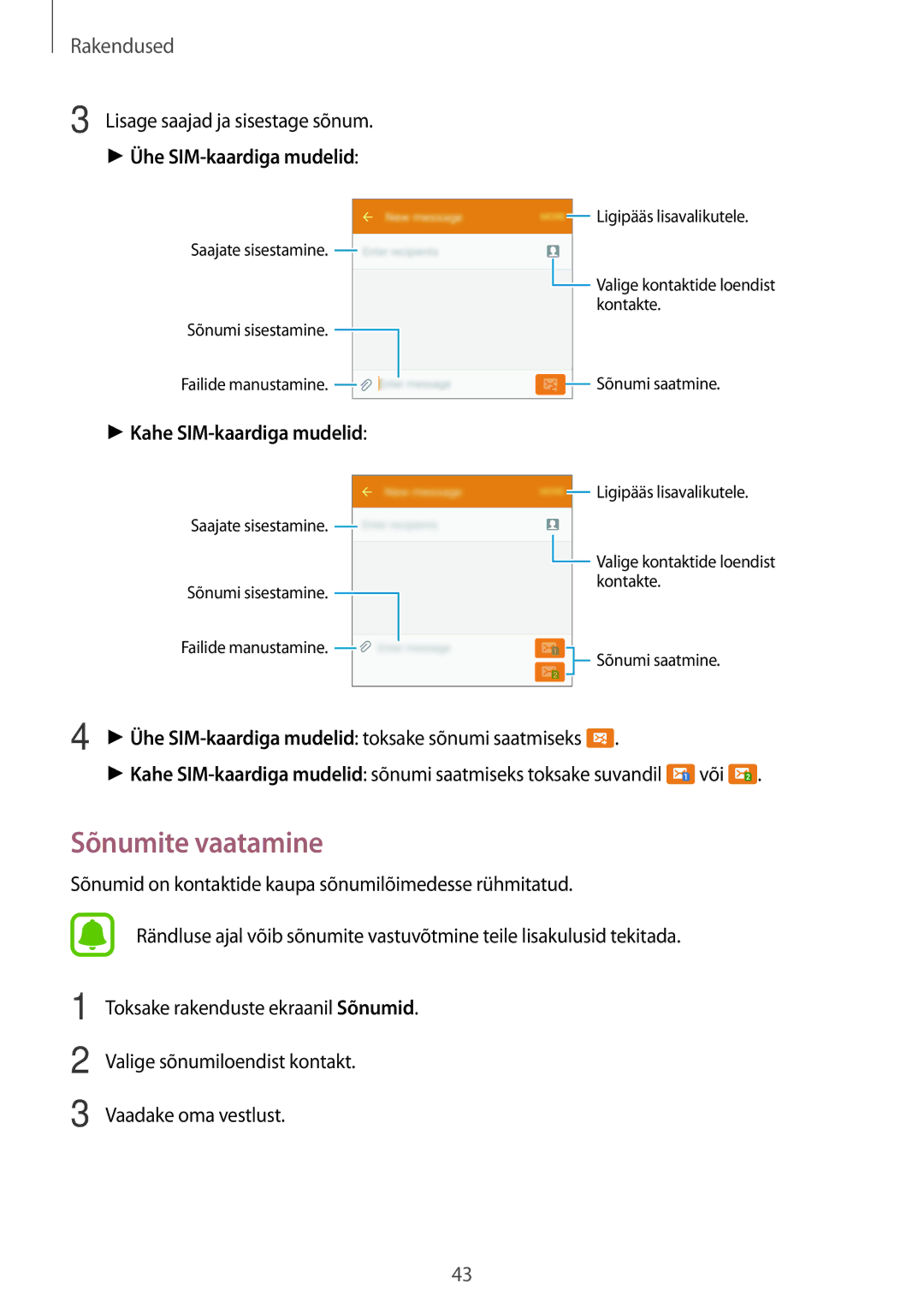 Samsung SM-J500FZWASEB manual Sõnumite vaatamine, Ühe SIM-kaardiga mudelid 