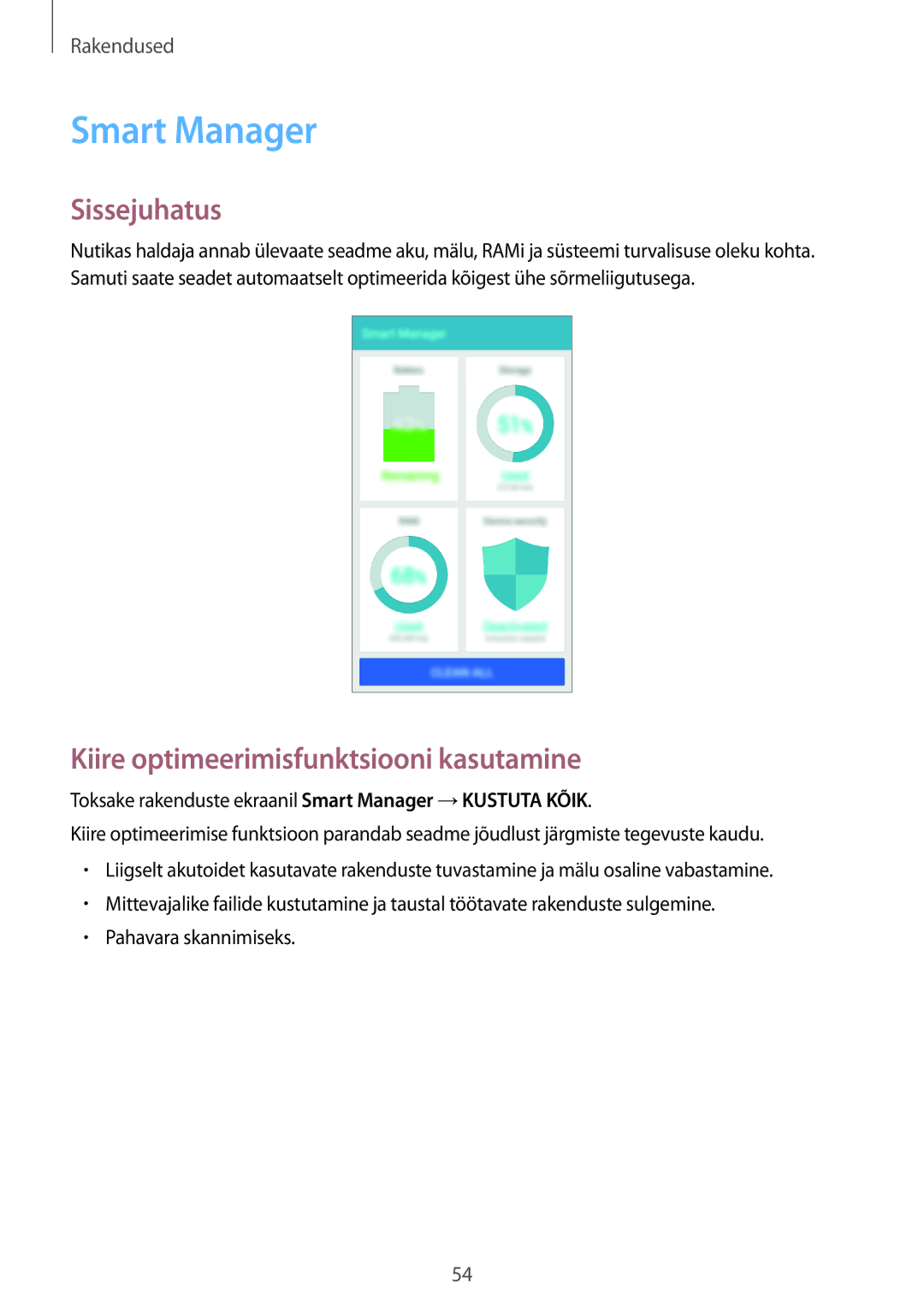 Samsung SM-J500FZWASEB manual Smart Manager, Kiire optimeerimisfunktsiooni kasutamine 