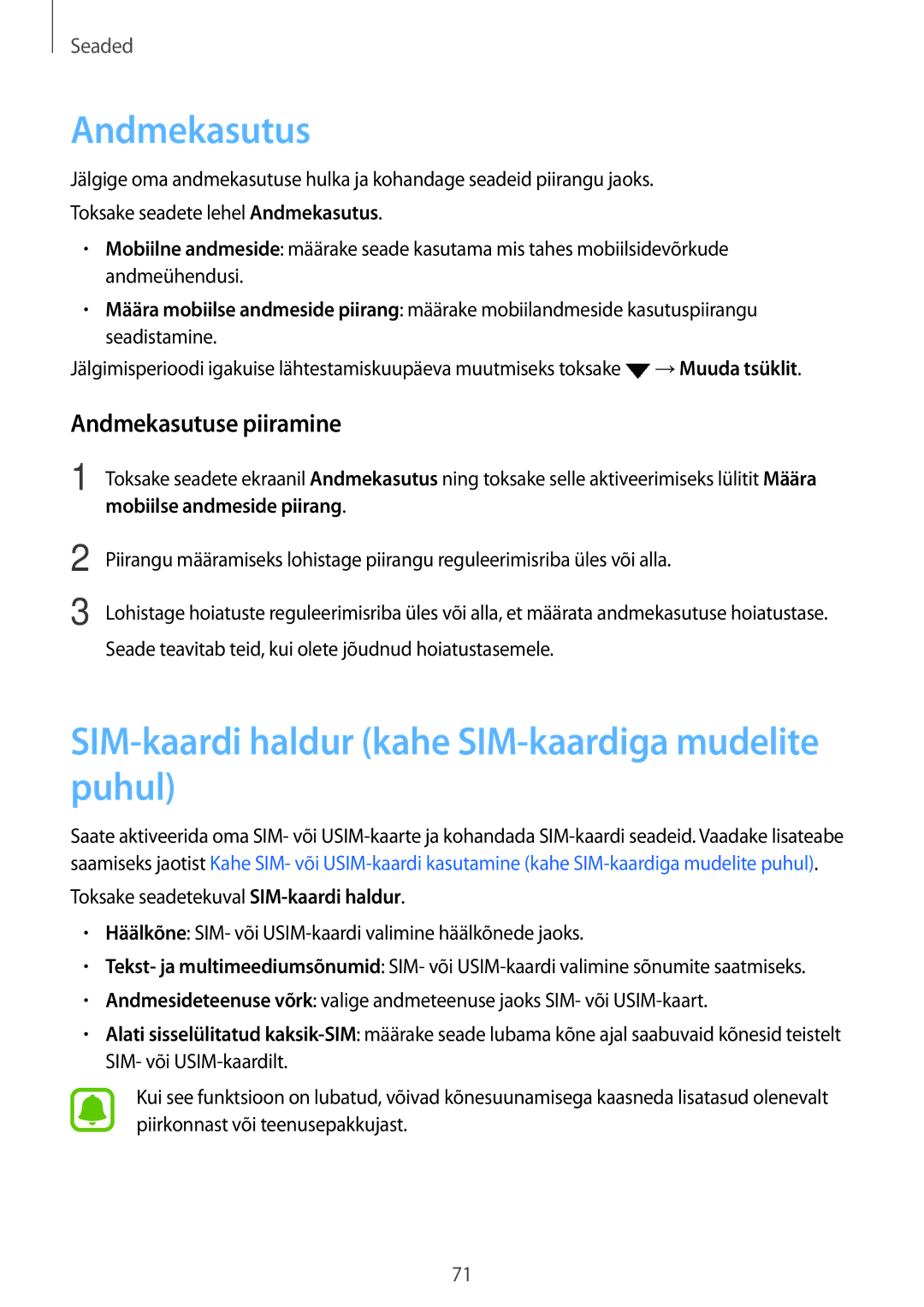 Samsung SM-J500FZWASEB manual SIM-kaardi haldur kahe SIM-kaardiga mudelite puhul, Andmekasutuse piiramine 