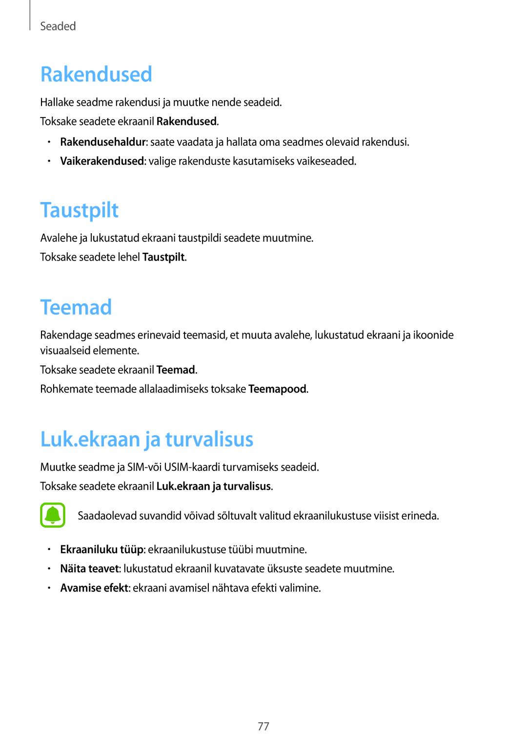 Samsung SM-J500FZWASEB manual Rakendused, Taustpilt, Teemad, Luk.ekraan ja turvalisus 